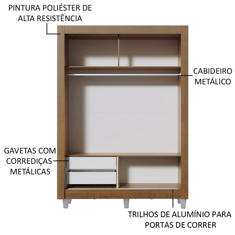 Guarda-Roupa Solteiro Madesa Dallas 2 Portas de Correr com Espelho 2 Gavetas com Pés - Rustic/Branco
