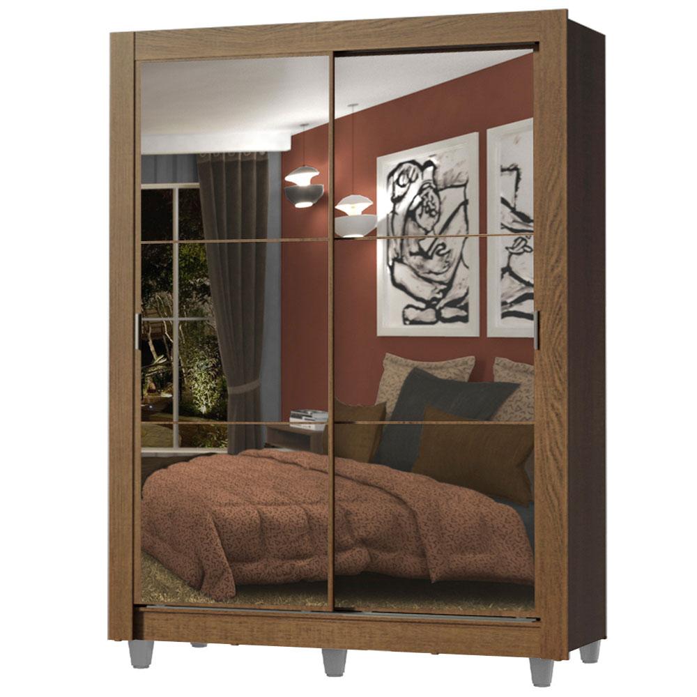 Guarda-Roupa Solteiro Madesa Dallas 2 Portas de Correr de Espelho 2 Gavetas com Pés - Rustic