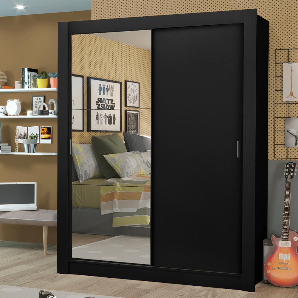 Guarda-Roupa Solteiro Madesa Dallas Plus 2 Portas de Correr com Espelho 4 Gavetas - Preto
