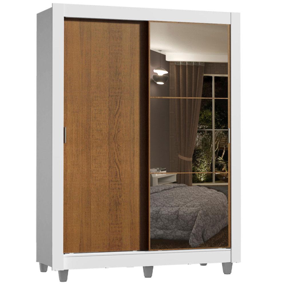 Guarda-Roupa Solteiro Madesa Dallas Plus 2 Portas de Correr com Espelho 4 Gavetas com Pés - Branco/Rustic