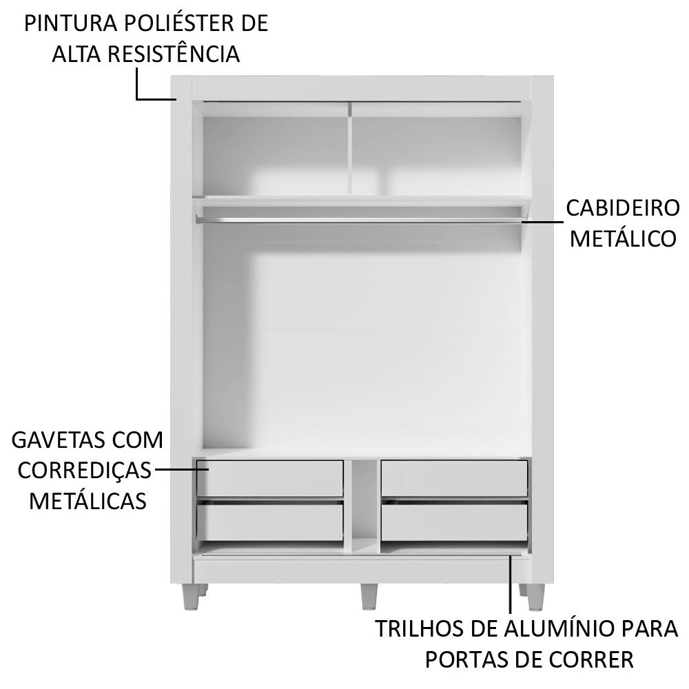 Guarda-Roupa Solteiro Madesa Dallas Plus 2 Portas de Correr com Espelho 4 Gavetas com Pés - Branco/Rustic