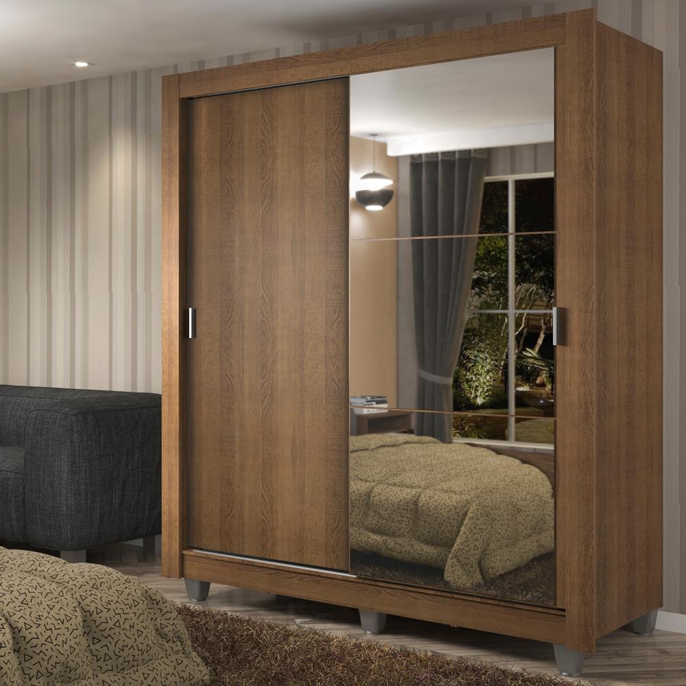 Guarda-Roupa Solteiro Madesa Dallas Plus 2 Portas de Correr com Espelho 4 Gavetas com Pés - Rustic