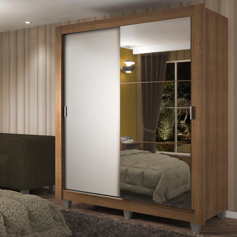 Guarda-Roupa Solteiro Madesa Dallas Plus 2 Portas de Correr com Espelho 4 Gavetas com Pés - Rustic/Branco