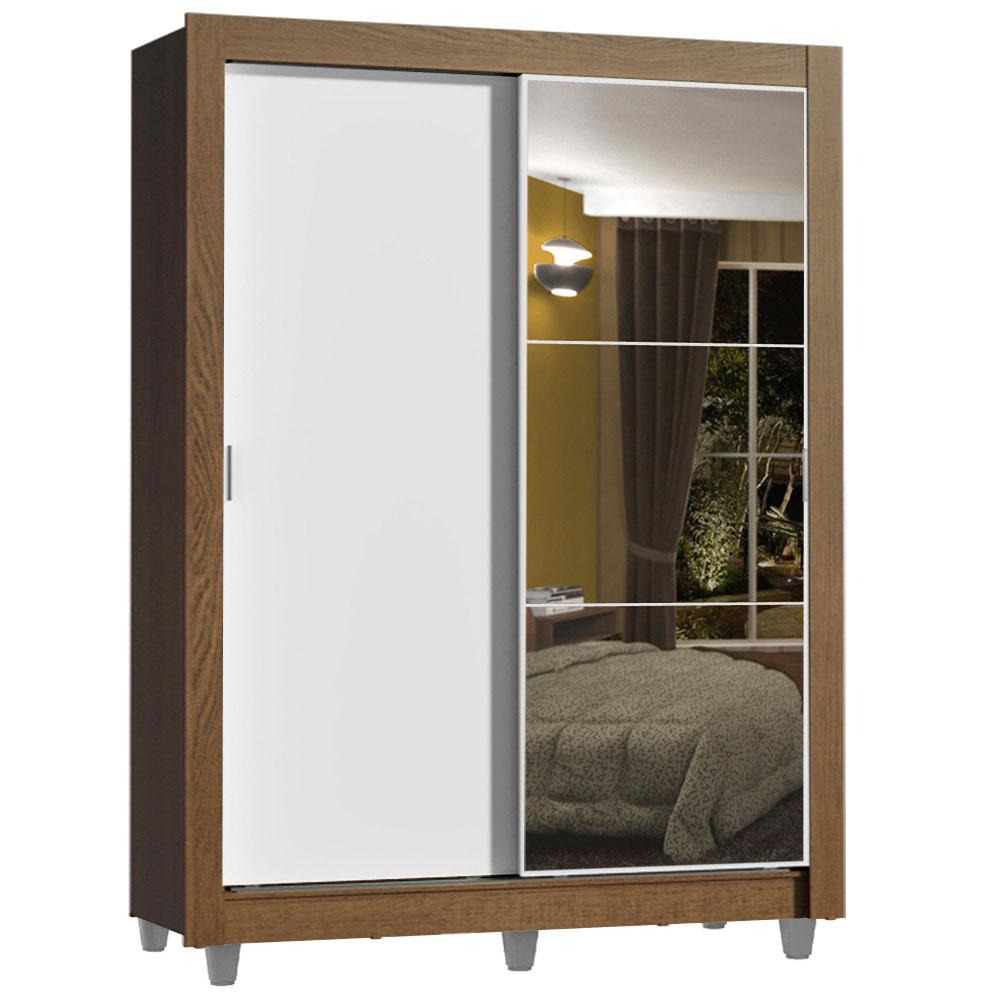 Guarda-Roupa Solteiro Madesa Dallas Plus 2 Portas de Correr com Espelho 4 Gavetas com Pés - Rustic/Branco