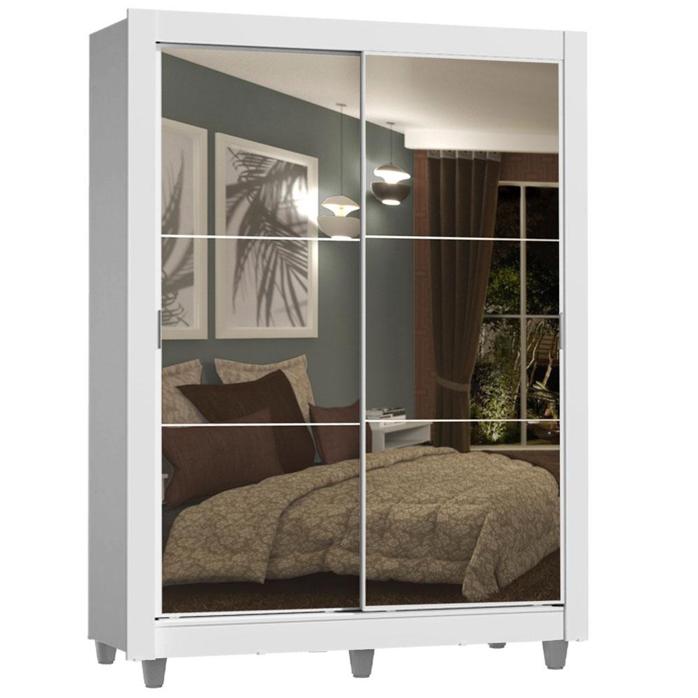 Guarda-Roupa Solteiro Madesa Dallas Plus 2 Portas de Correr de Espelho 4 Gavetas com Pés - Branco