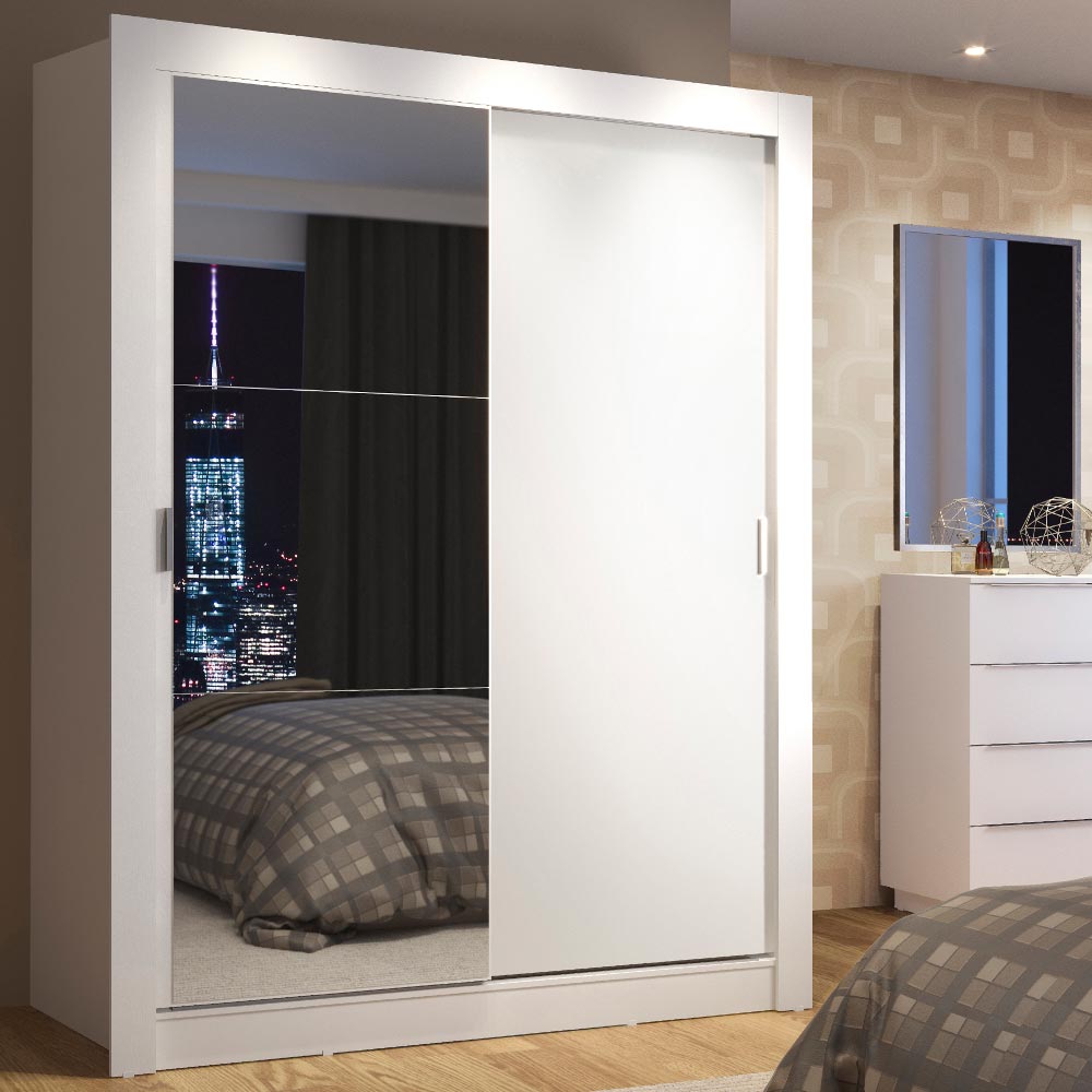 Guarda-Roupa Solteiro Madesa Denver 2 Portas de Correr com Espelho - Branco