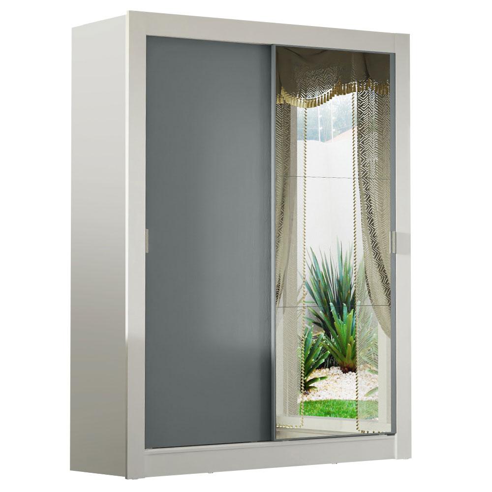 Guarda-Roupa Solteiro Madesa Denver 2 Portas de Correr com Espelho - Branco/Cinza
