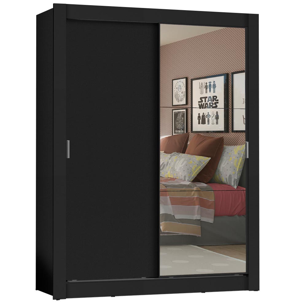 Guarda-Roupa Solteiro Madesa Denver 2 Portas de Correr com Espelho - Preto
