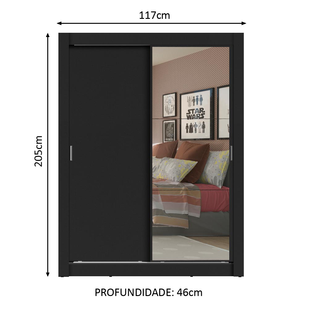 Guarda-Roupa Solteiro Madesa Denver 2 Portas de Correr com Espelho - Preto