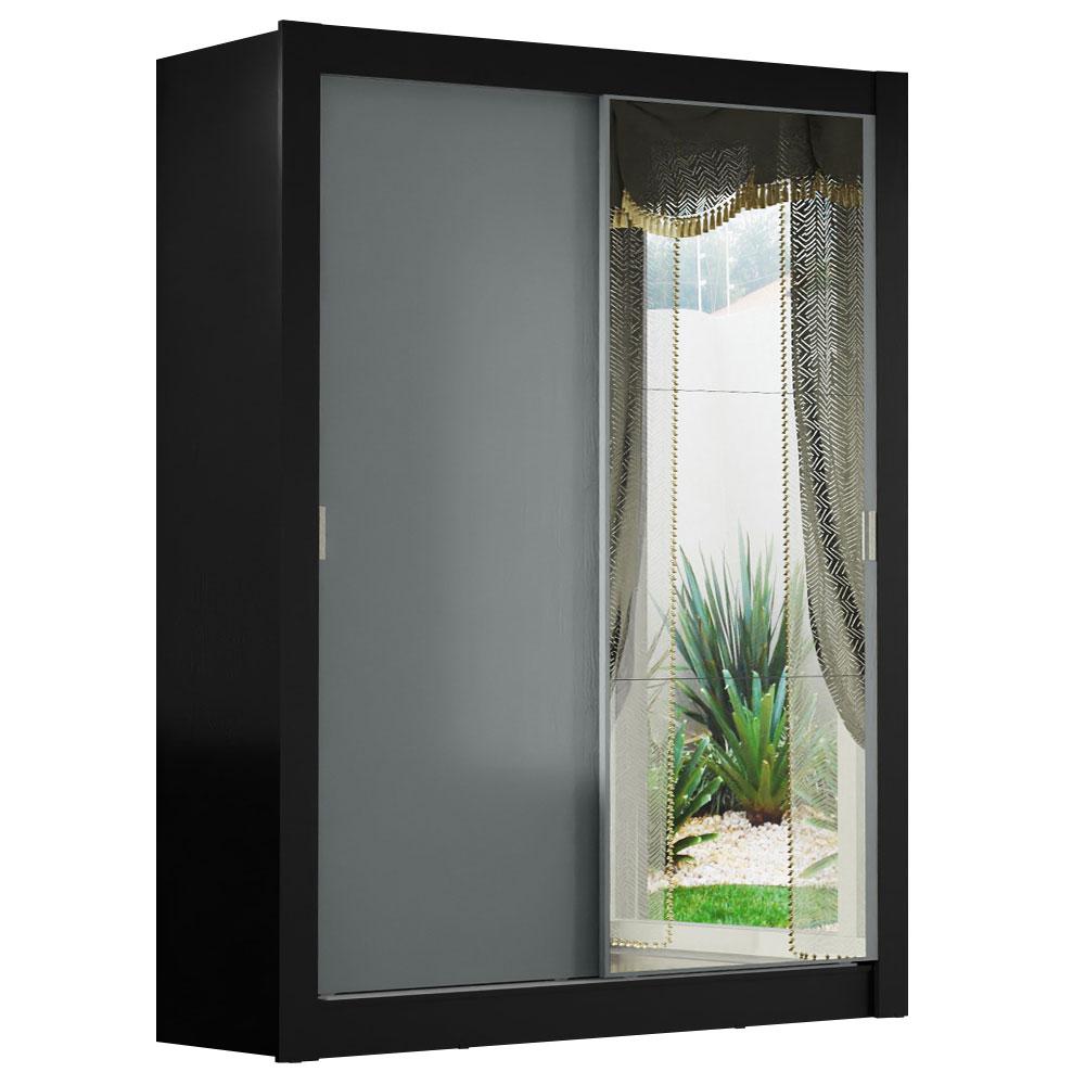 Guarda-Roupa Solteiro Madesa Denver 2 Portas de Correr com Espelho - Preto/Cinza