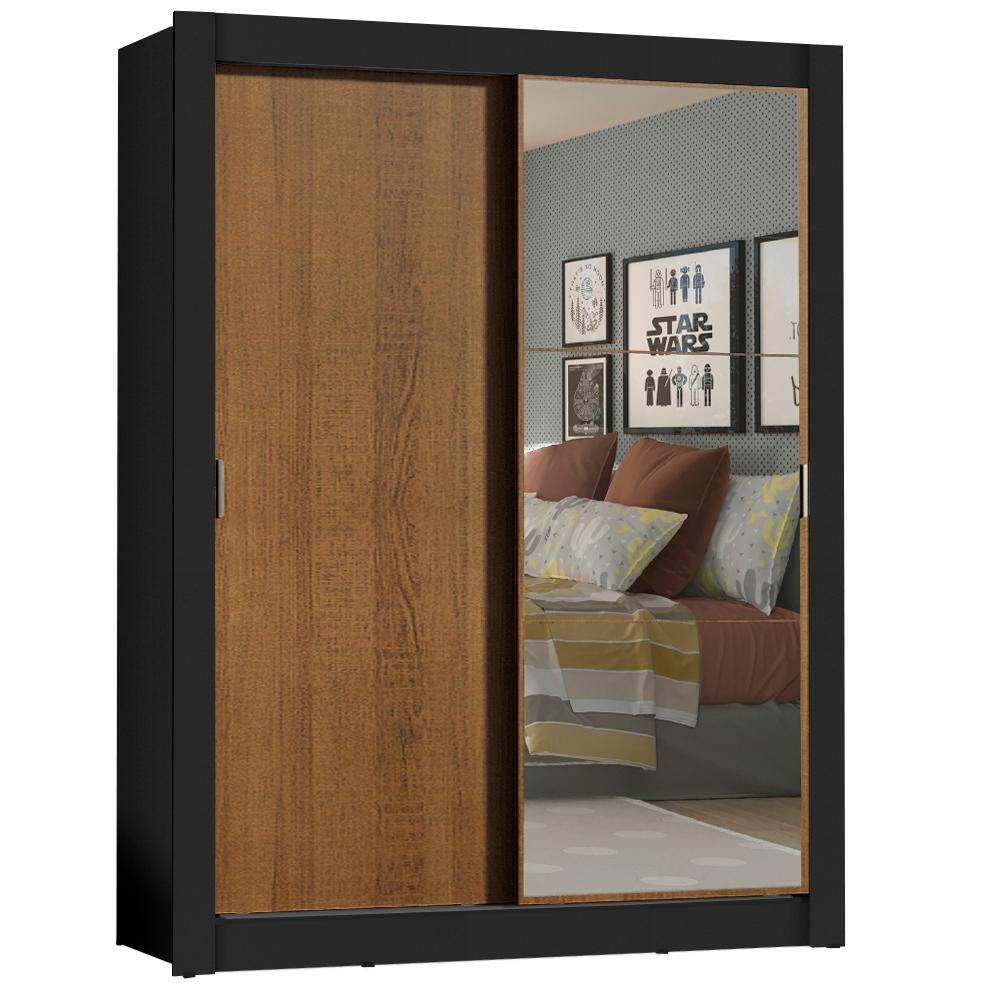 Guarda-Roupa Solteiro Madesa Denver 2 Portas de Correr com Espelho - Preto/Rustic