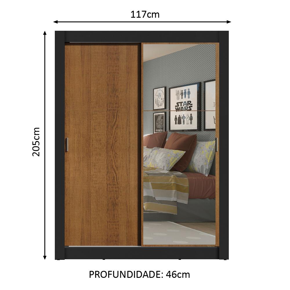 Guarda-Roupa Solteiro Madesa Denver 2 Portas de Correr com Espelho - Preto/Rustic
