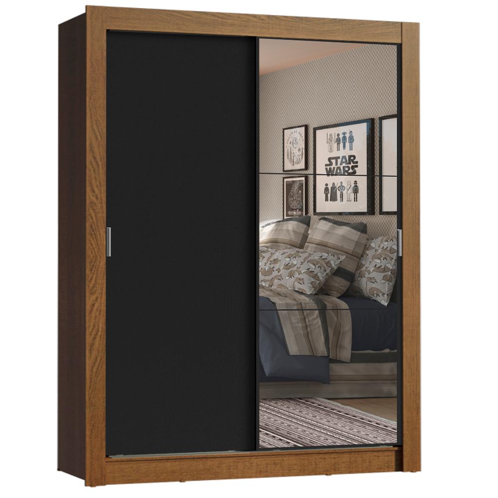 Guarda-Roupa Solteiro Madesa Denver 2 Portas de Correr com Espelho - Rustic/Preto