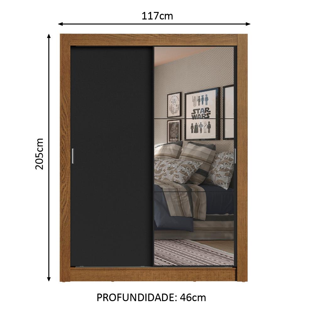 Guarda-Roupa Solteiro Madesa Denver 2 Portas de Correr com Espelho - Rustic/Preto