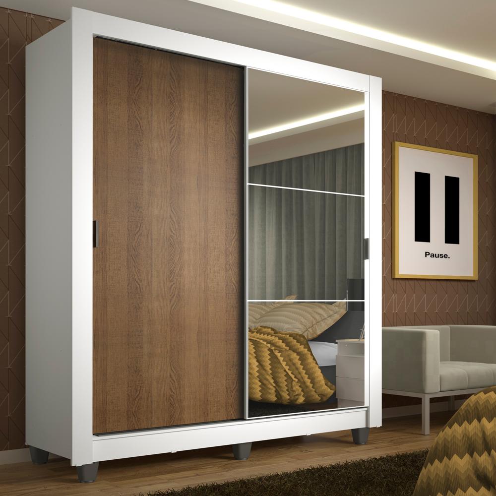 Guarda-Roupa Solteiro Madesa Denver 2 Portas de Correr com Espelho com Pés - Branco/Rustic