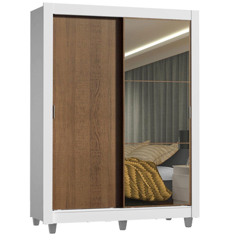 Guarda-Roupa Solteiro Madesa Denver 2 Portas de Correr com Espelho com Pés - Branco/Rustic