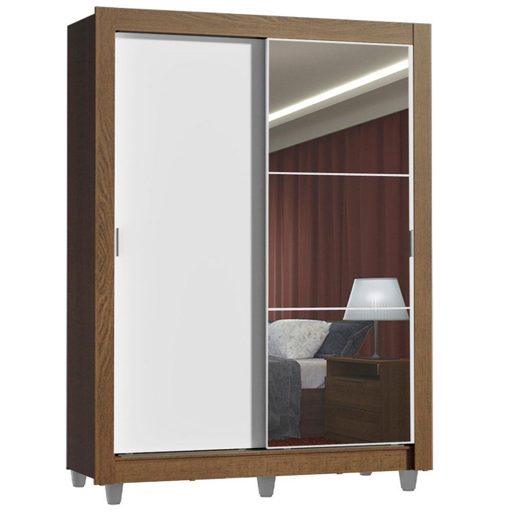 Guarda-Roupa Solteiro Madesa Denver 2 Portas de Correr com Espelho com Pés - Rustic/Branco