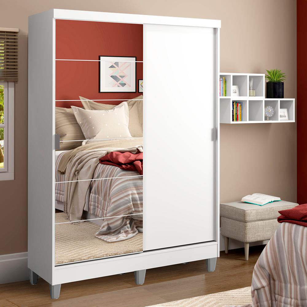 Guarda-Roupa Solteiro Madesa Luke 2 Portas de Correr com Espelho com Pés - Branco