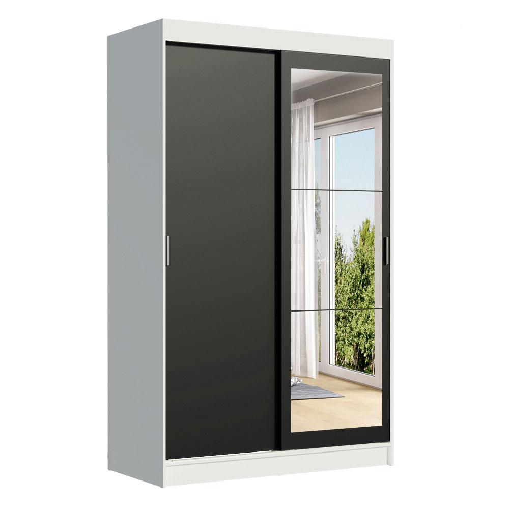 Guarda-Roupa Solteiro Madesa Tokio 2 Portas de Correr com Espelho 2 Gavetas - Branco/Preto