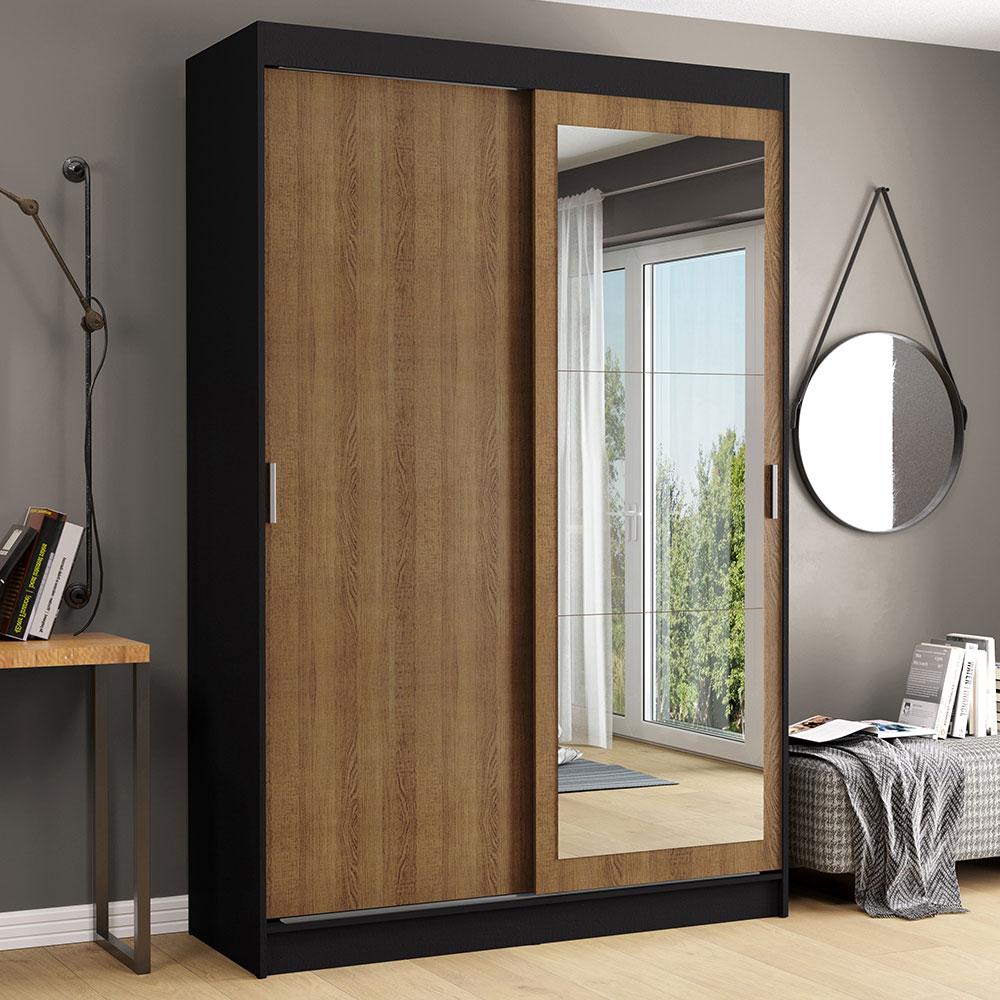 Guarda-Roupa Solteiro Madesa Tokio 2 Portas de Correr com Espelho 2 Gavetas - Preto/Rustic