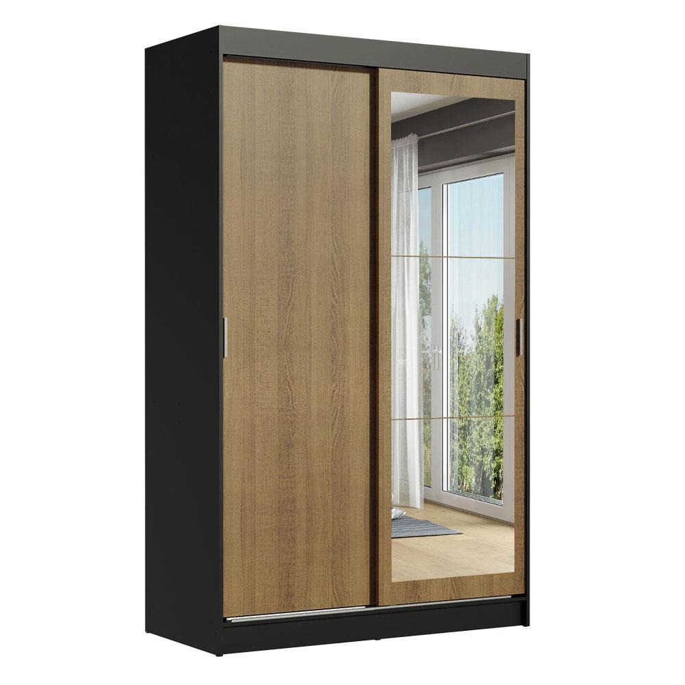 Guarda-Roupa Solteiro Madesa Tokio 2 Portas de Correr com Espelho 2 Gavetas - Preto/Rustic