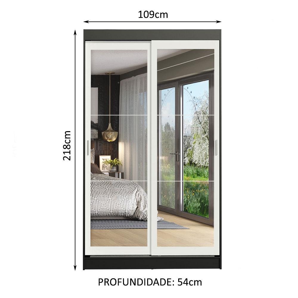 Guarda-Roupa Solteiro Madesa Tokio 2 Portas de Correr de Espelho 2 Gavetas - Preto/Branco