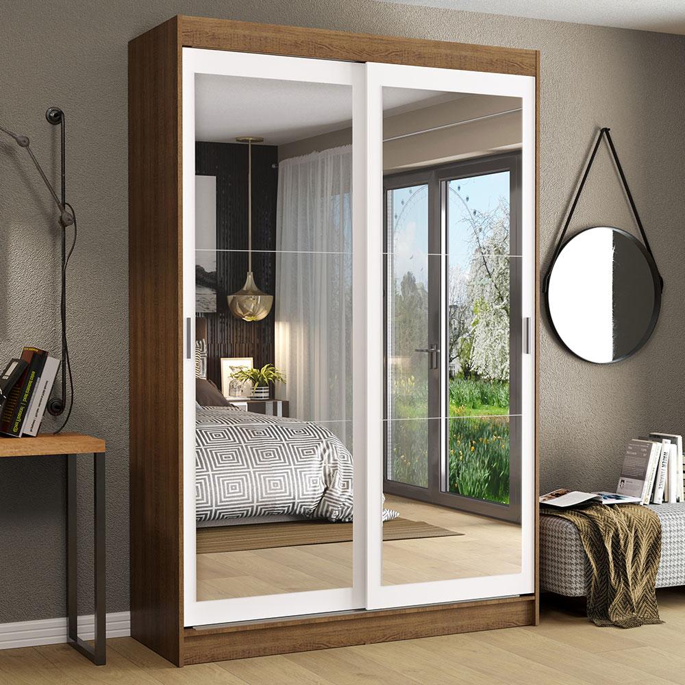 Guarda-Roupa Solteiro Madesa Tokio 2 Portas de Correr de Espelho 2 Gavetas - Rustic/Branco