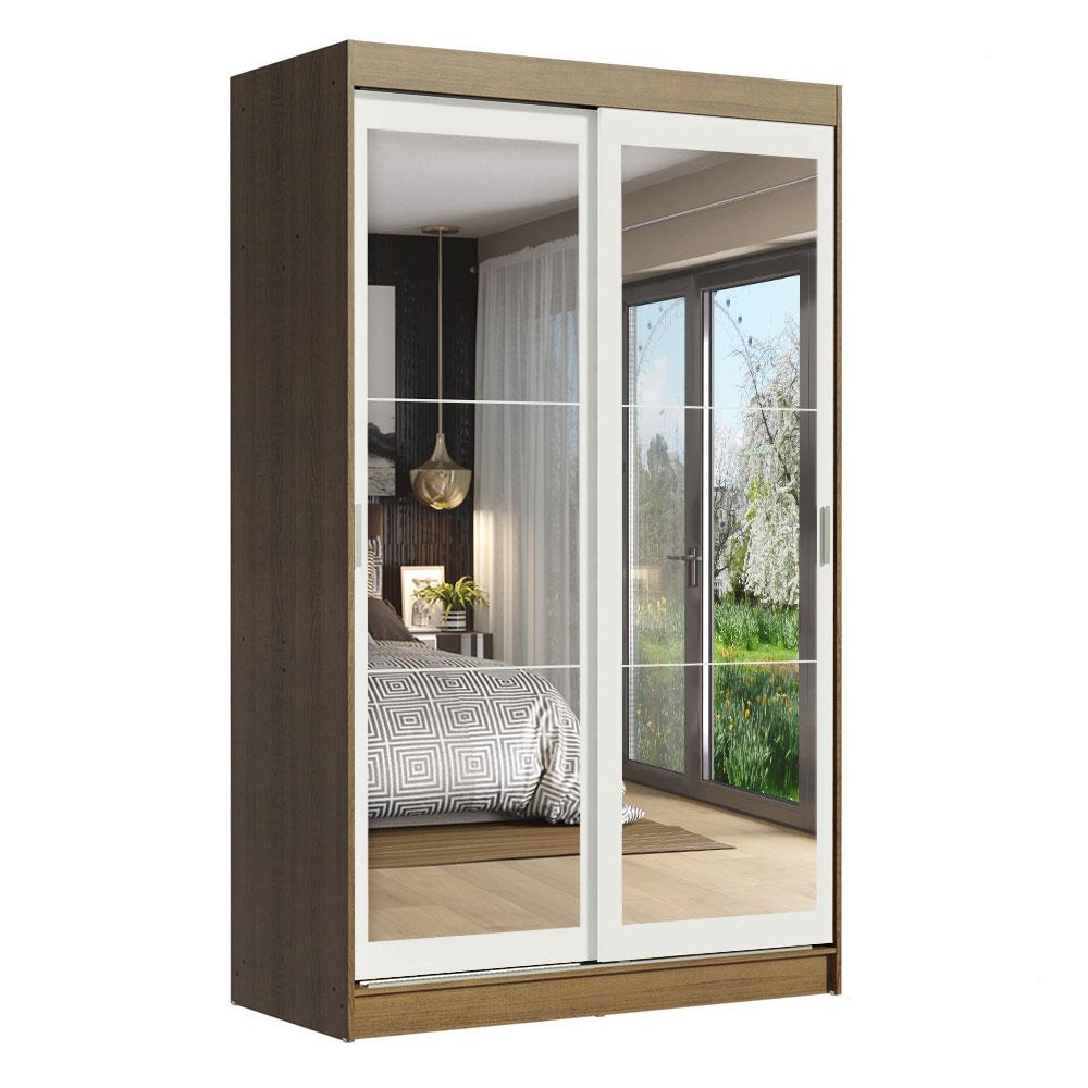 Guarda-Roupa Solteiro Madesa Tokio 2 Portas de Correr de Espelho 2 Gavetas - Rustic/Branco