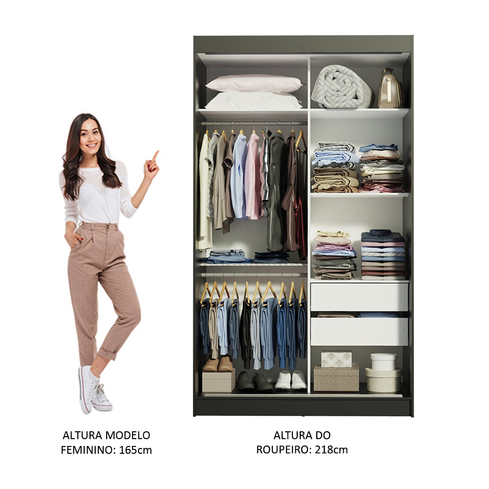 Guarda-Roupa Solteiro Madesa Tokio 2 Portas de Correr de Espelho 2 Gavetas