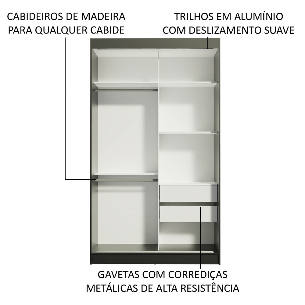 Guarda-Roupa Solteiro Madesa Tokio 2 Portas de Correr de Espelho 2 Gavetas