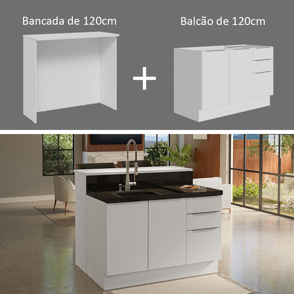 Ilha de Cozinha com Bancada e Balcão 120 cm Branco Stella Madesa