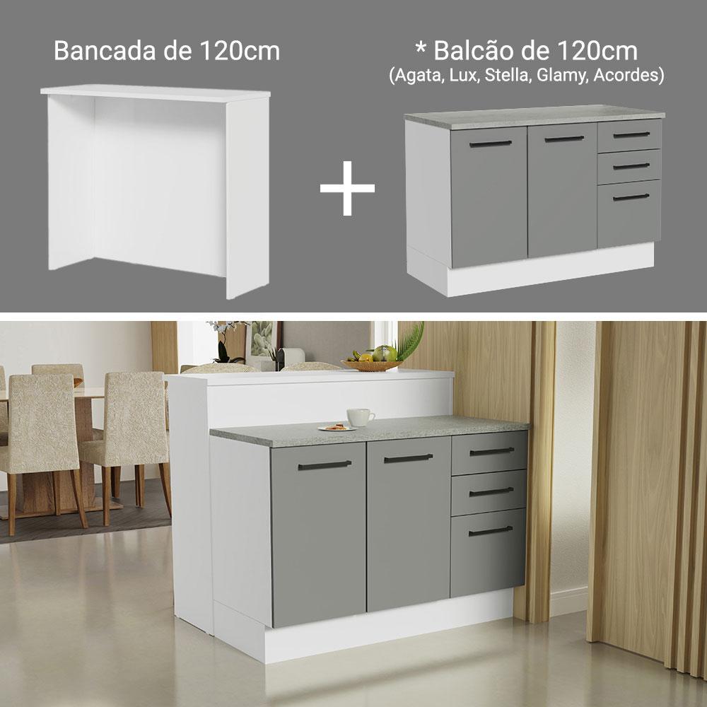 Ilha de Cozinha com Bancada e Balcão 120 cm Branco/Cinza Agata Madesa
