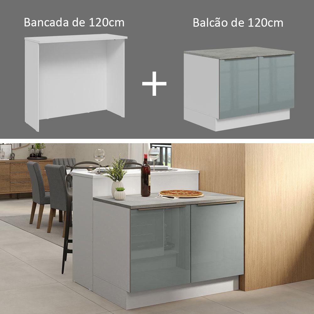 Ilha de Cozinha com Bancada e Balcão 120 cm Branco/Cinza Lux Madesa