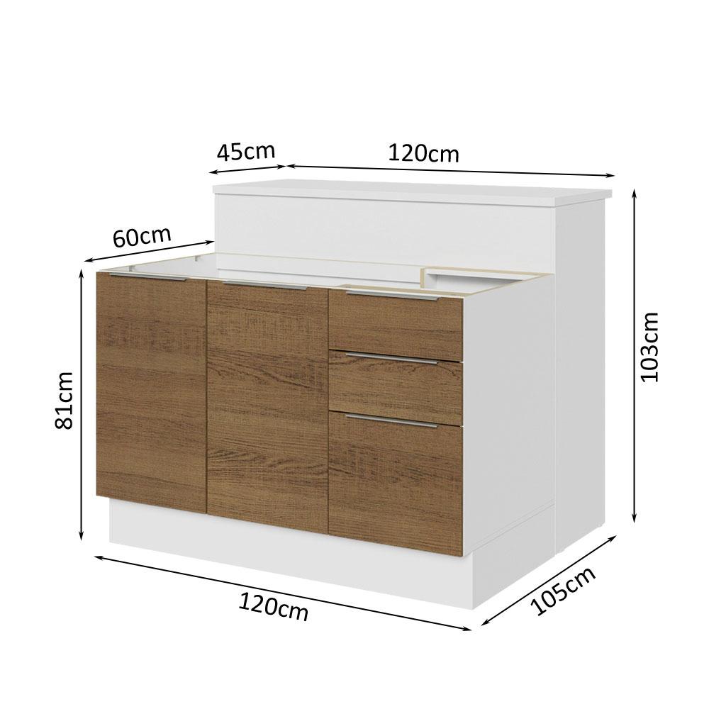Ilha de Cozinha com Bancada e Balcão 120 cm Branco/Rustic Stella Madesa