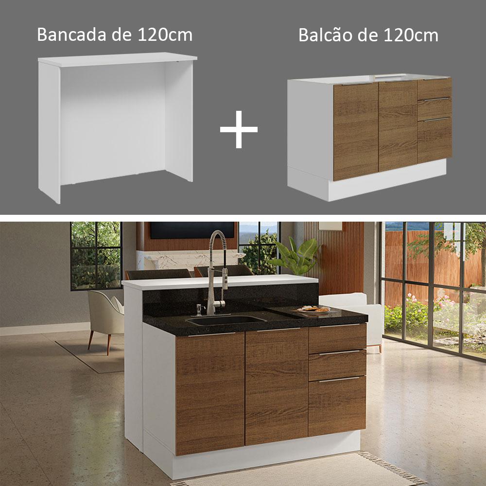 Ilha de Cozinha com Bancada e Balcão 120 cm Branco/Rustic Stella Madesa