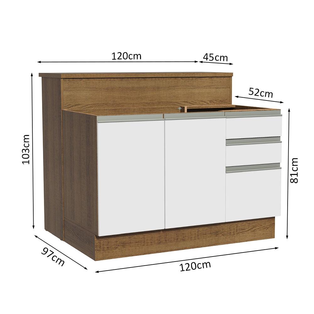 Ilha de Cozinha com Bancada e Balcão 120 cm Rustic/Branco Glamy Madesa