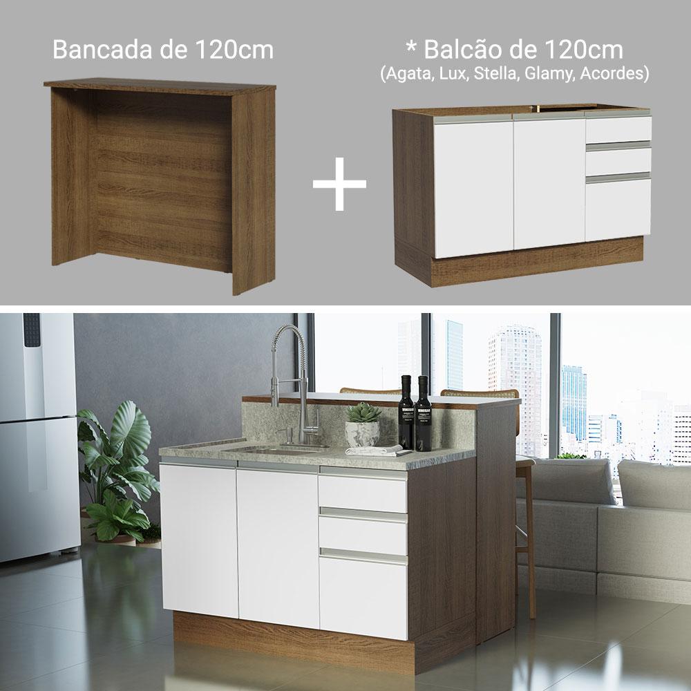 Ilha de Cozinha com Bancada e Balcão 120 cm Rustic/Branco Glamy Madesa