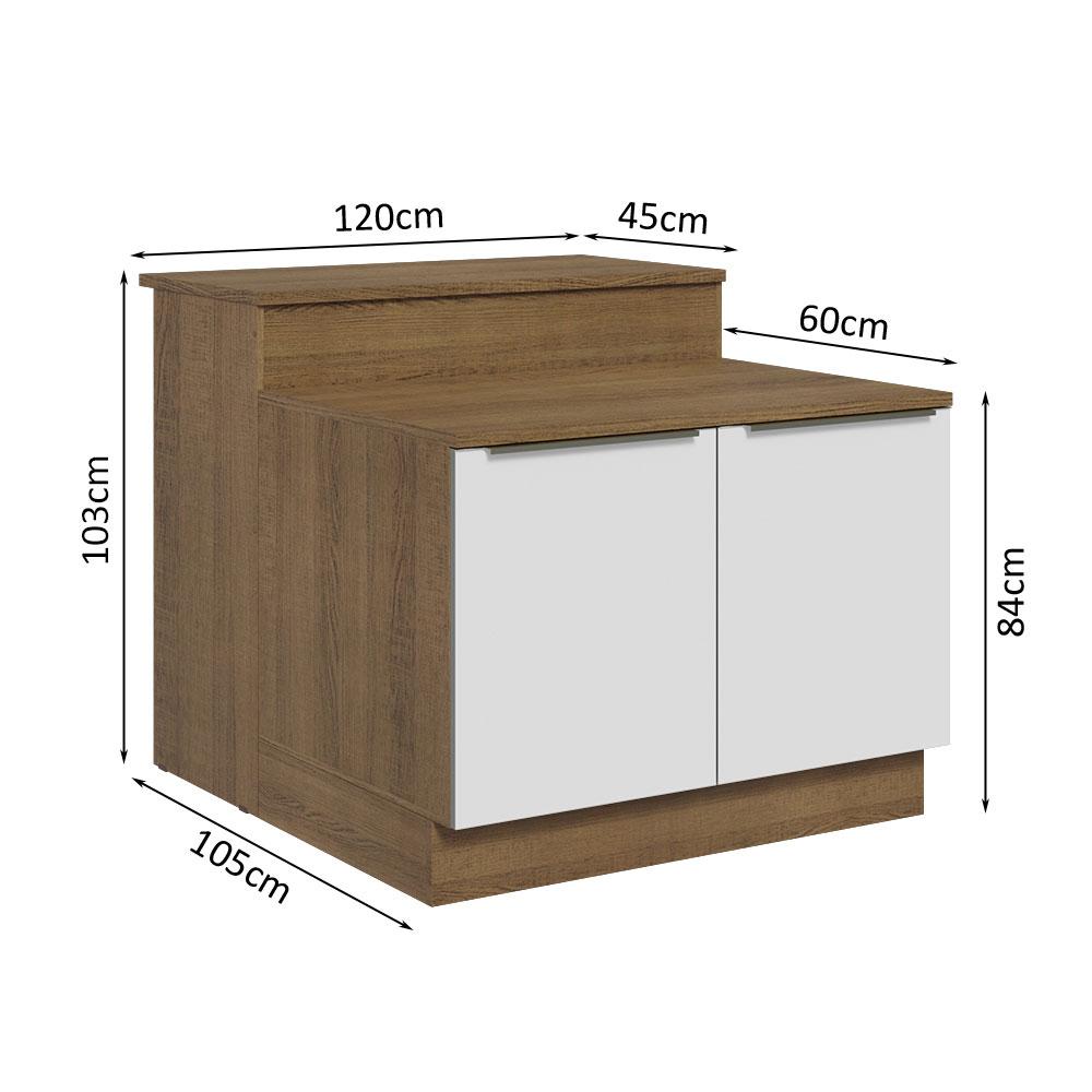 Ilha de Cozinha com Bancada e Balcão 120 cm Rustic/Branco Lux Madesa