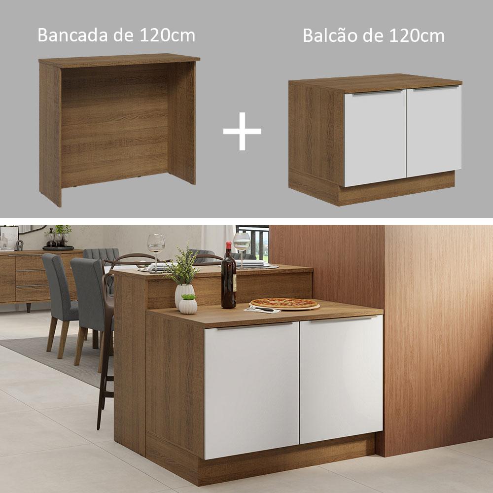 Ilha de Cozinha com Bancada e Balcão 120 cm Rustic/Branco Lux Madesa