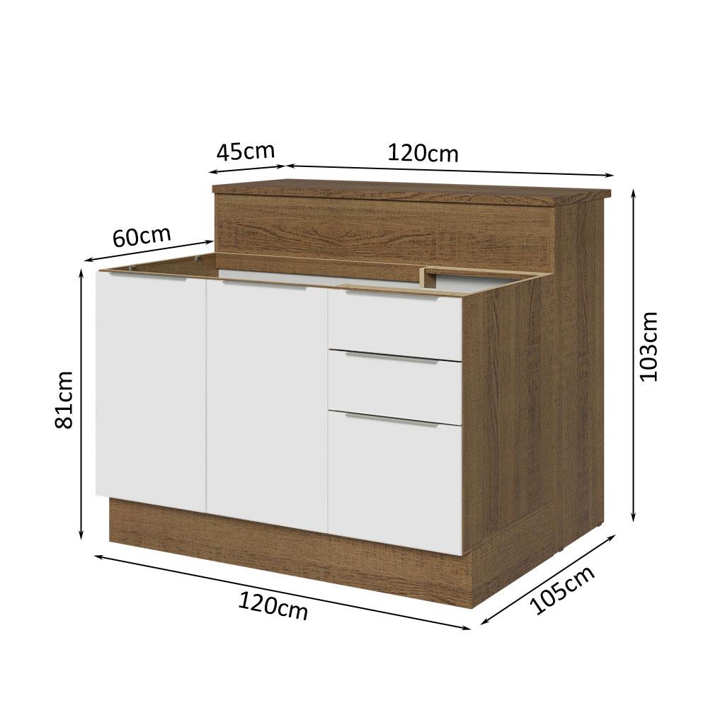 Ilha de Cozinha com Bancada e Balcão 120 cm Rustic/Branco Stella Madesa