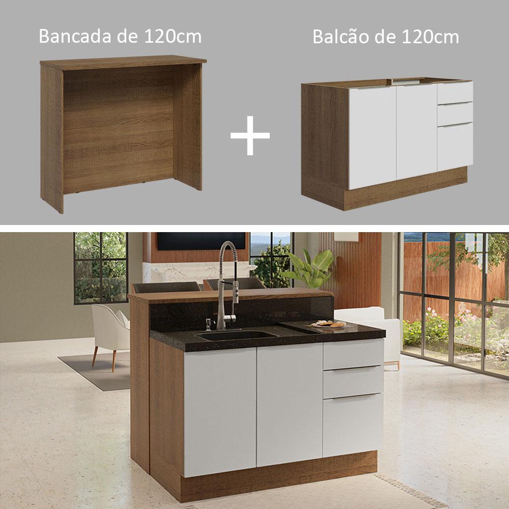 Ilha de Cozinha com Bancada e Balcão 120 cm Rustic/Branco Stella Madesa