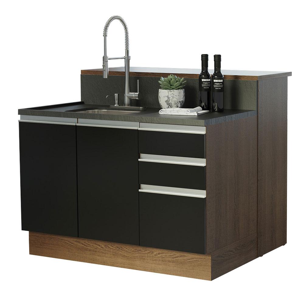Ilha de Cozinha com Bancada e Balcão 120 cm Rustic/Preto Glamy Madesa