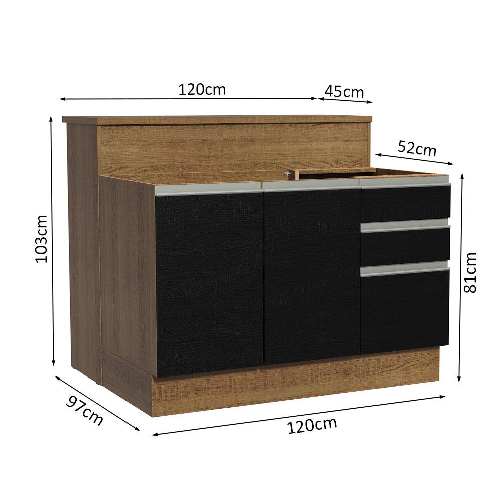 Ilha de Cozinha com Bancada e Balcão 120 cm Rustic/Preto Glamy Madesa