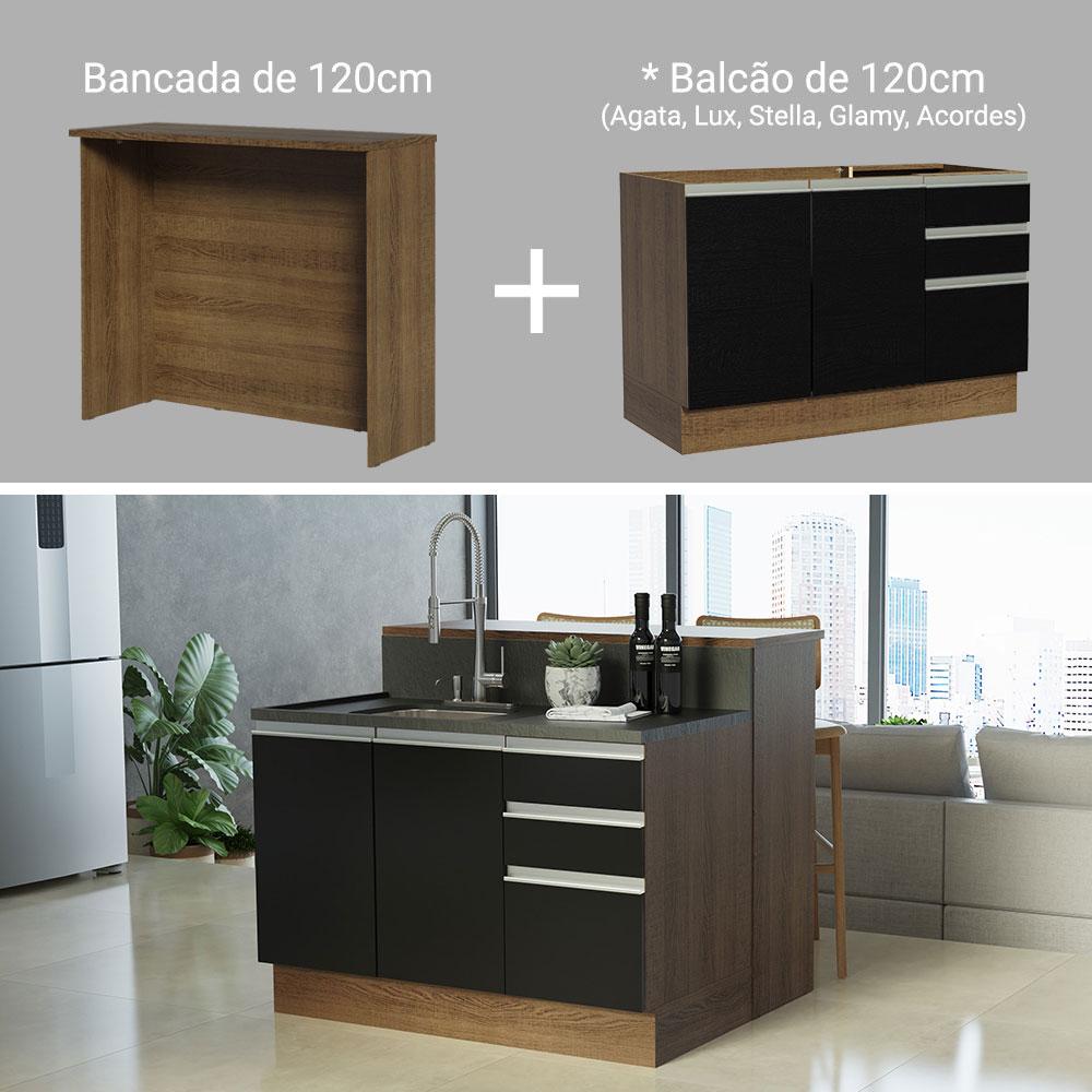 Ilha de Cozinha com Bancada e Balcão 120 cm Rustic/Preto Glamy Madesa