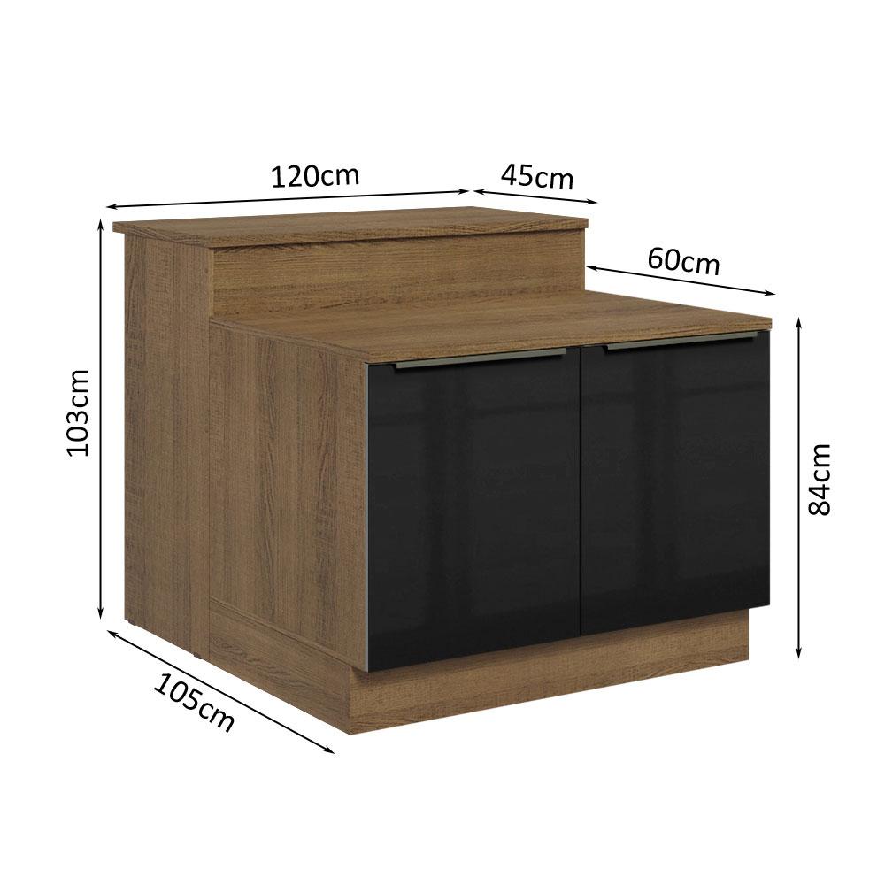 Ilha de Cozinha com Bancada e Balcão 120 cm Rustic/Preto Lux Madesa