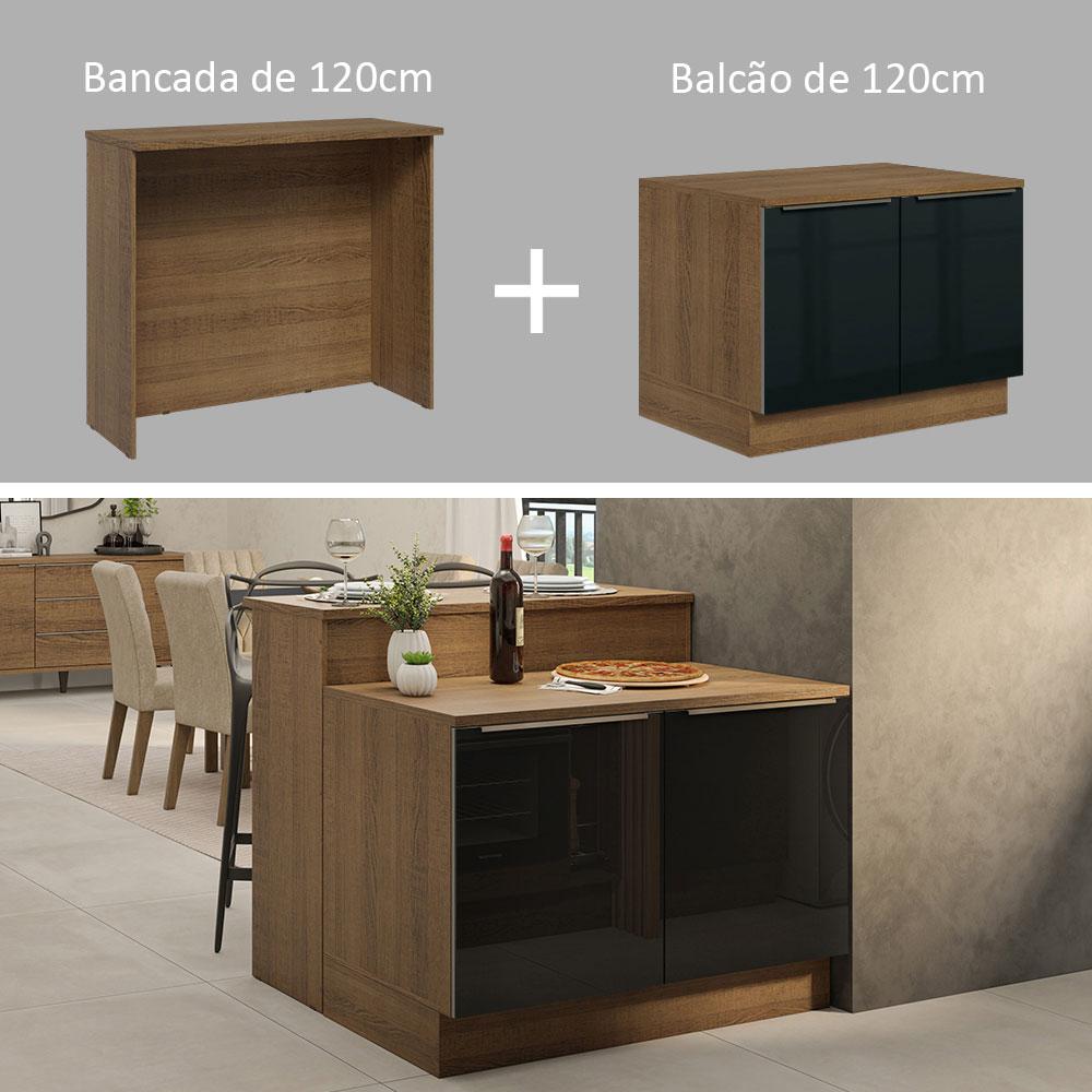 Ilha de Cozinha com Bancada e Balcão 120 cm Rustic/Preto Lux Madesa