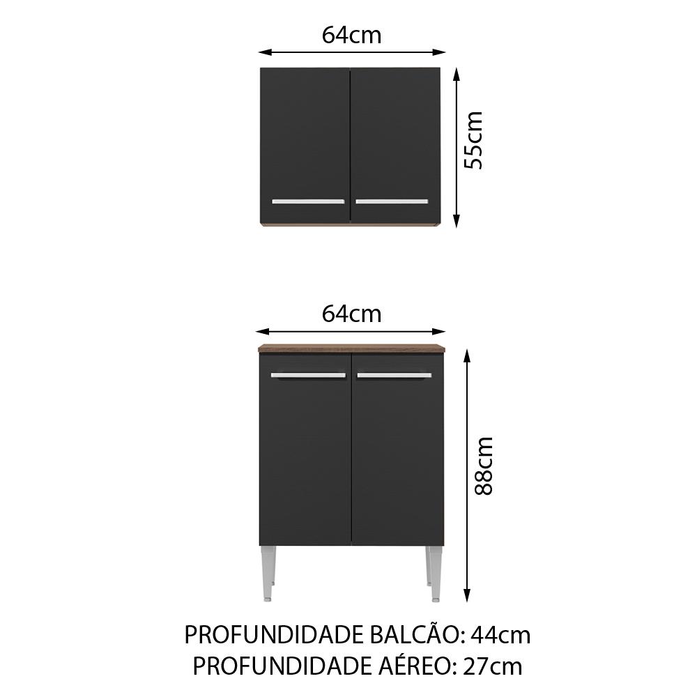 Kit Armário de Cozinha 4 Portas com Armário Aéreo e Balcão Rustic/Preto Emilly Madesa