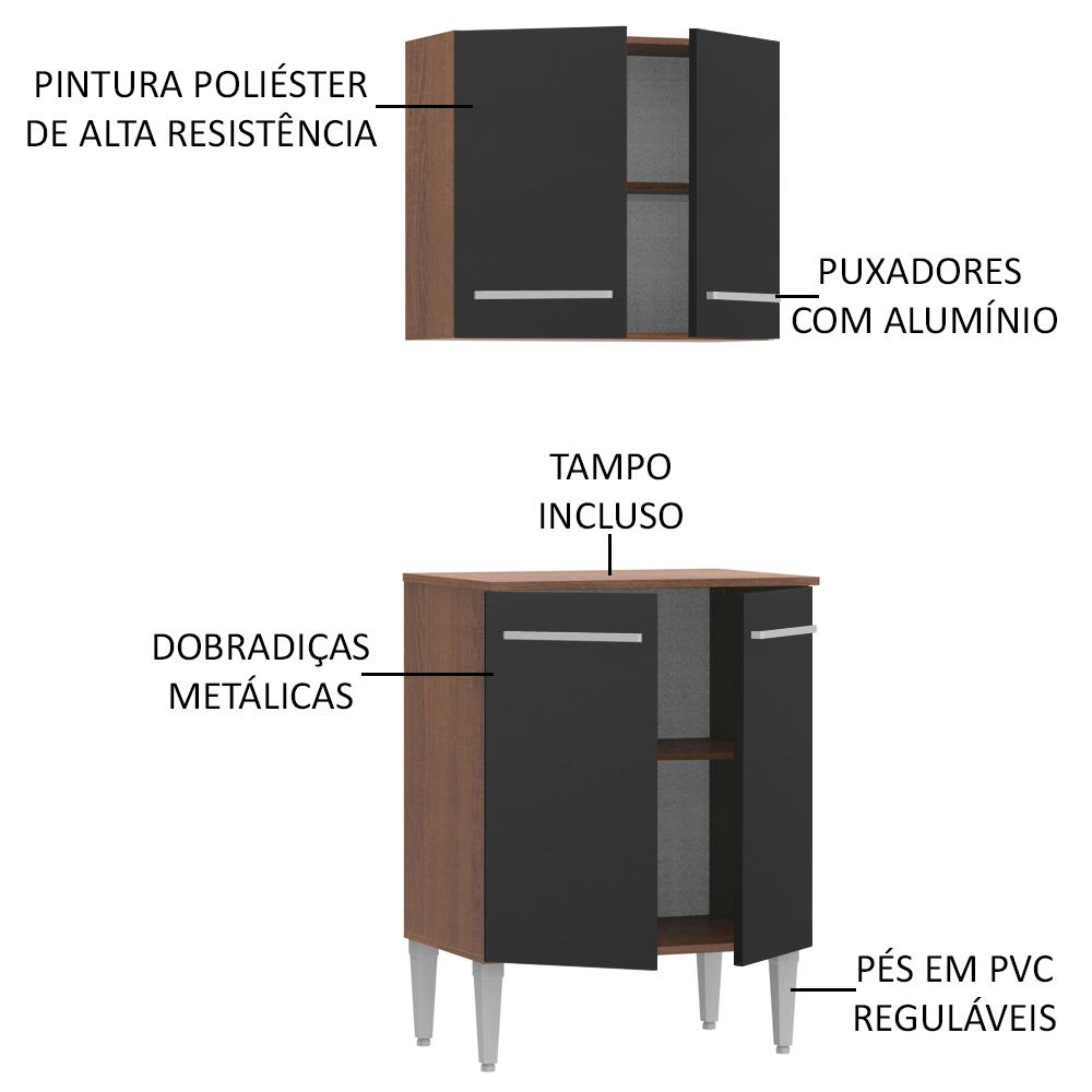 Kit Armário de Cozinha 4 Portas com Armário Aéreo e Balcão Rustic/Preto Emilly Madesa