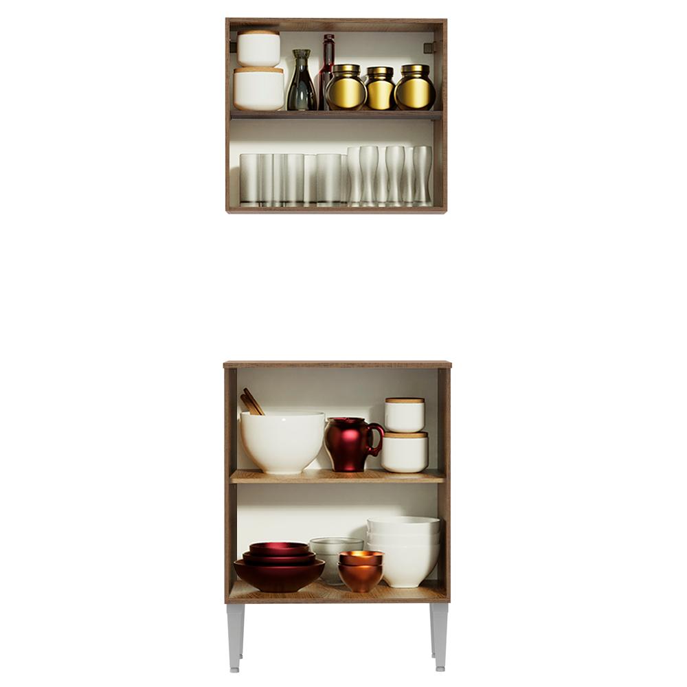 Kit Armário de Cozinha 4 Portas com Armário Aéreo e Balcão Rustic/Preto Emilly Madesa