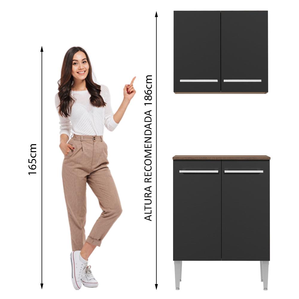 Kit Armário de Cozinha 4 Portas com Armário Aéreo e Balcão Rustic/Preto Emilly Madesa